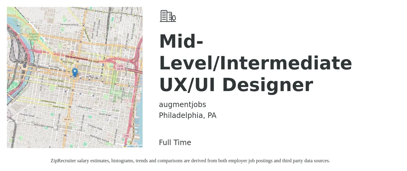 augmentjobs job posting for a Mid-Level/Intermediate UX/UI Designer in Philadelphia, PA with a salary of $91,800 to $126,100 Yearly with a map of Philadelphia location.