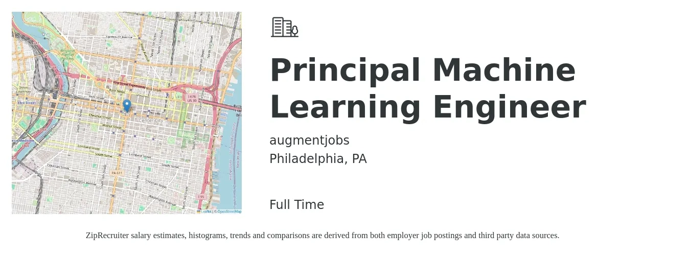 augmentjobs job posting for a Principal Machine Learning Engineer in Philadelphia, PA with a salary of $119,600 to $174,600 Yearly with a map of Philadelphia location.