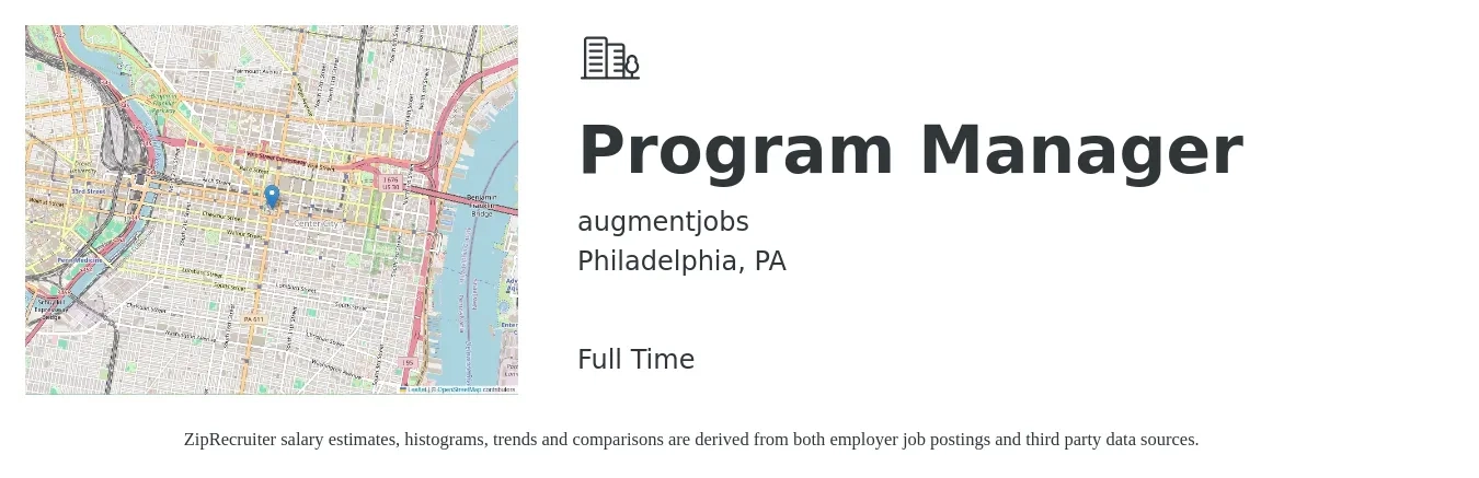 augmentjobs job posting for a Program Manager in Philadelphia, PA with a salary of $80,200 to $133,700 Yearly with a map of Philadelphia location.