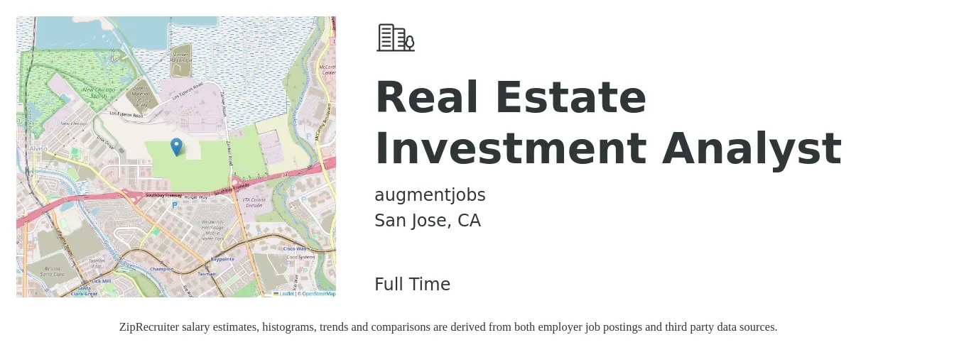 augmentjobs job posting for a Real Estate Investment Analyst in San Jose, CA with a salary of $68,600 to $117,200 Yearly with a map of San Jose location.