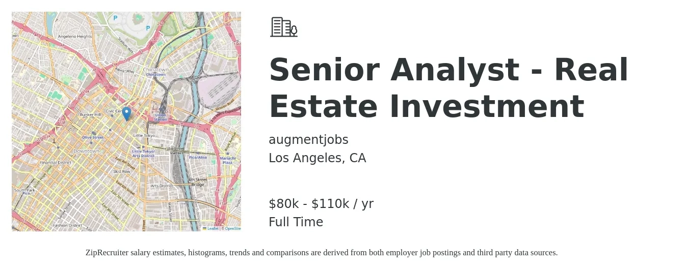 augmentjobs job posting for a Senior Analyst - Real Estate Investment in Los Angeles, CA with a salary of $80,000 to $110,000 Yearly with a map of Los Angeles location.