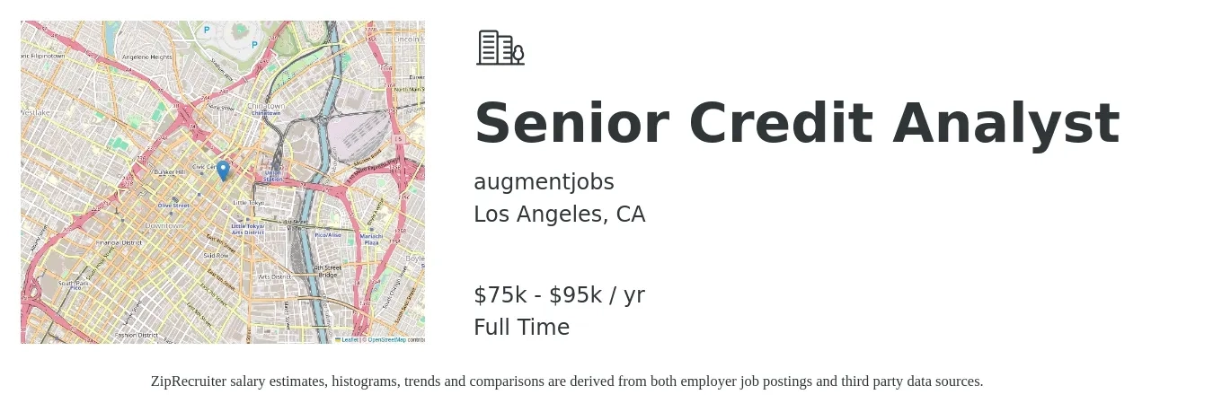 augmentjobs job posting for a Senior Credit Analyst in Los Angeles, CA with a salary of $75,000 to $95,000 Yearly with a map of Los Angeles location.