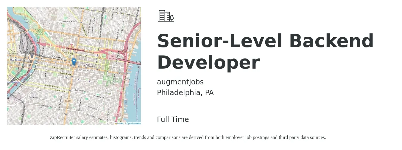 augmentjobs job posting for a Senior-Level Backend Developer in Philadelphia, PA with a salary of $121,600 to $157,900 Yearly with a map of Philadelphia location.