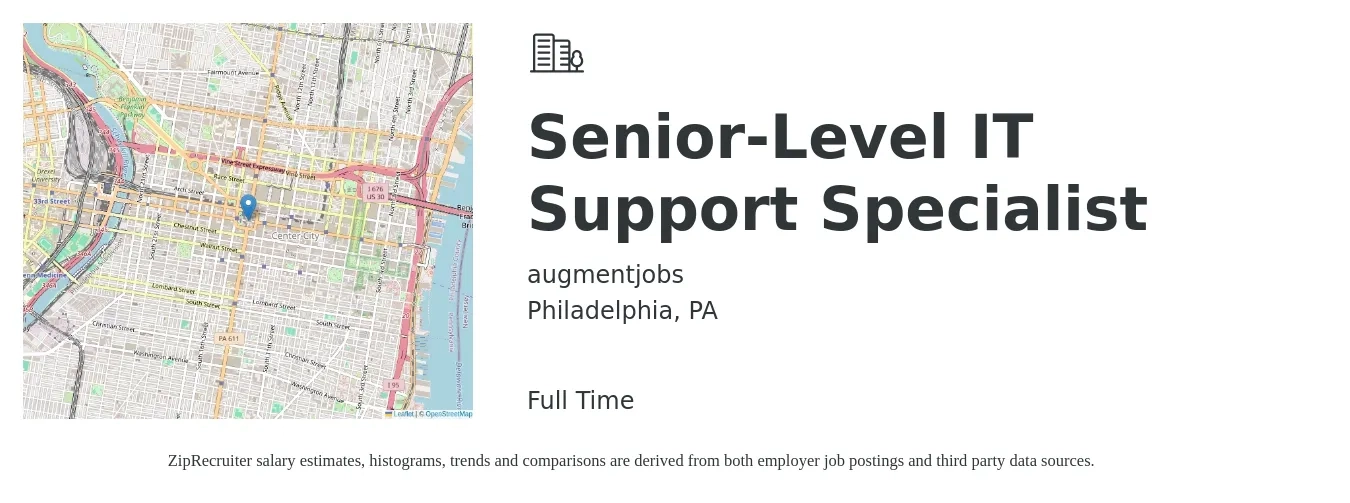 augmentjobs job posting for a Senior-Level IT Support Specialist in Philadelphia, PA with a salary of $75,200 to $117,100 Yearly with a map of Philadelphia location.