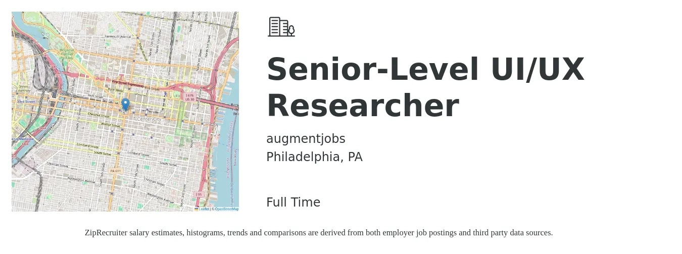 augmentjobs job posting for a Senior-Level UI/UX Researcher in Philadelphia, PA with a salary of $67,600 to $155,400 Yearly with a map of Philadelphia location.