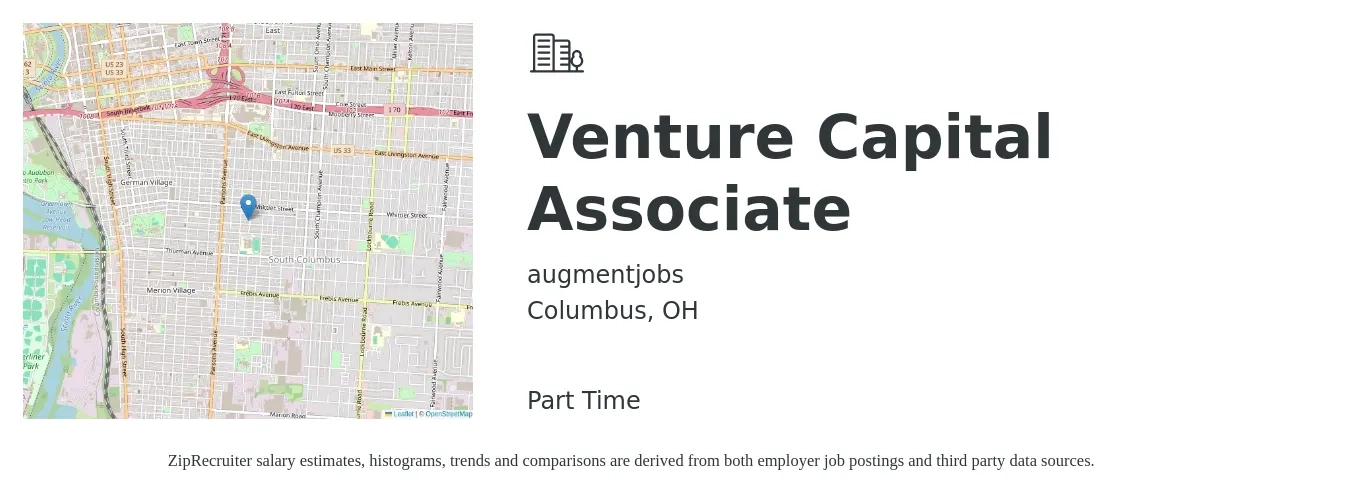 augmentjobs job posting for a Venture Capital Associate in Columbus, OH with a salary of $62,800 to $113,500 Yearly with a map of Columbus location.
