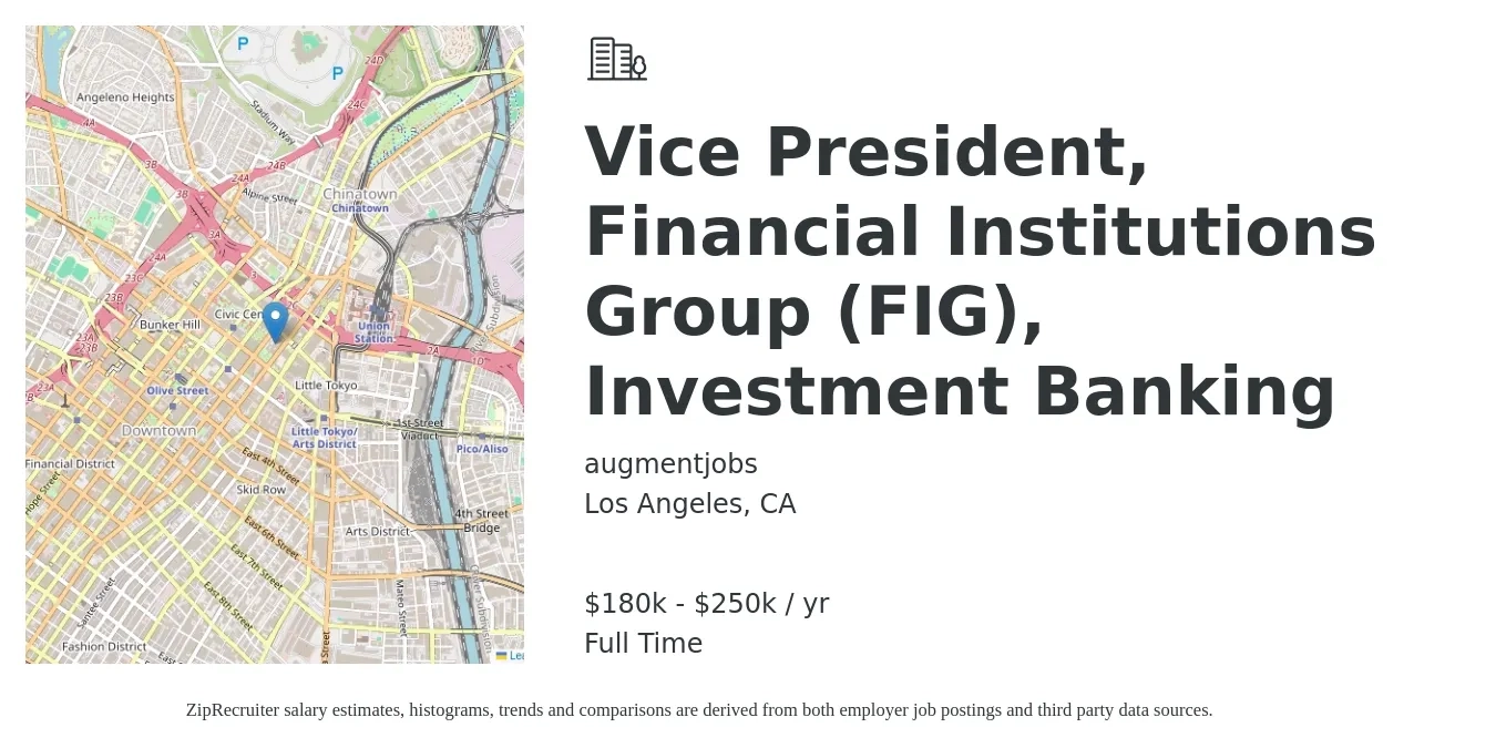 augmentjobs job posting for a Vice President, Financial Institutions Group (FIG), Investment Banking in Los Angeles, CA with a salary of $180,000 to $250,000 Yearly with a map of Los Angeles location.