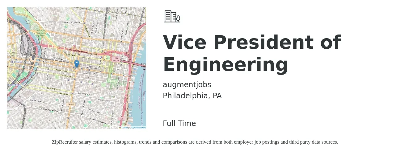 augmentjobs job posting for a Vice President of Engineering in Philadelphia, PA with a salary of $181,600 to $234,100 Yearly with a map of Philadelphia location.