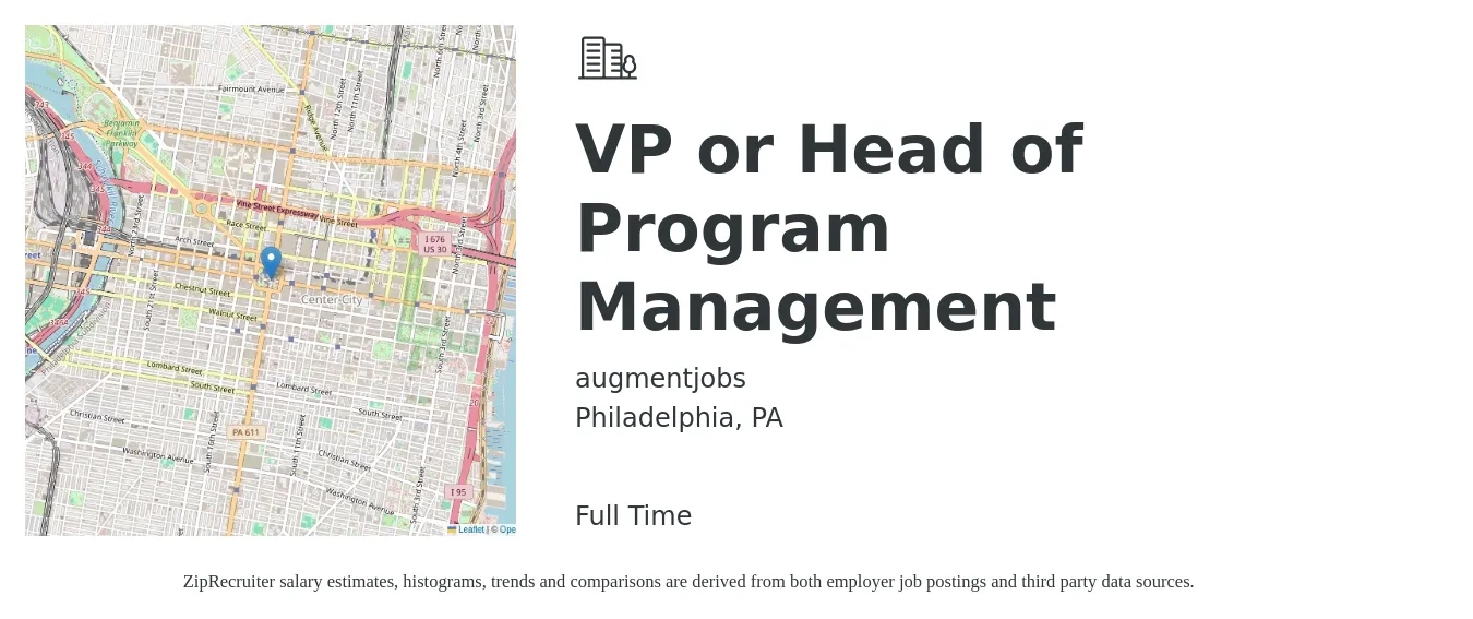 augmentjobs job posting for a VP or Head of Program Management in Philadelphia, PA with a salary of $85,800 to $117,600 Yearly with a map of Philadelphia location.