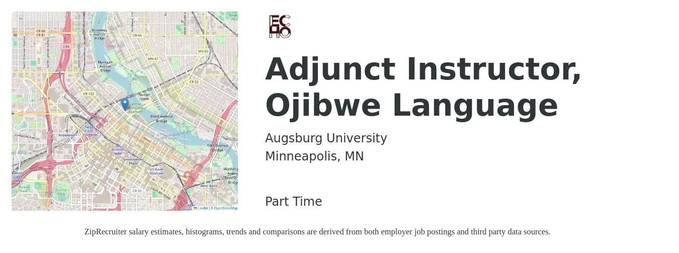 Augsburg University job posting for a Adjunct Instructor, Ojibwe Language in Minneapolis, MN with a salary of $31 to $63 Hourly with a map of Minneapolis location.