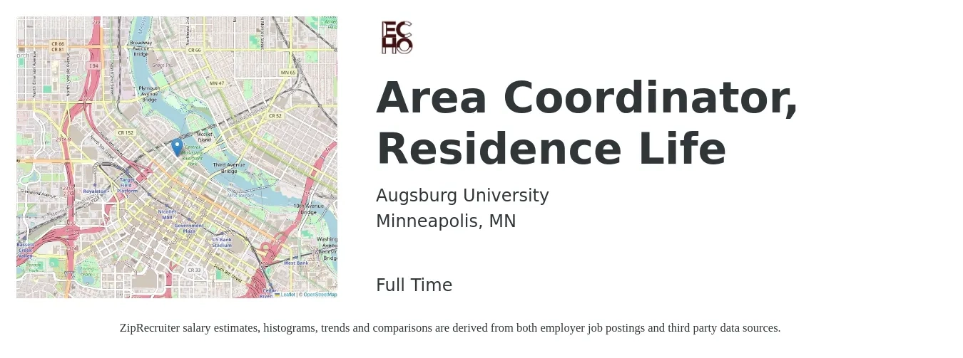 Augsburg University job posting for a Area Coordinator, Residence Life in Minneapolis, MN with a salary of $20 to $26 Hourly with a map of Minneapolis location.