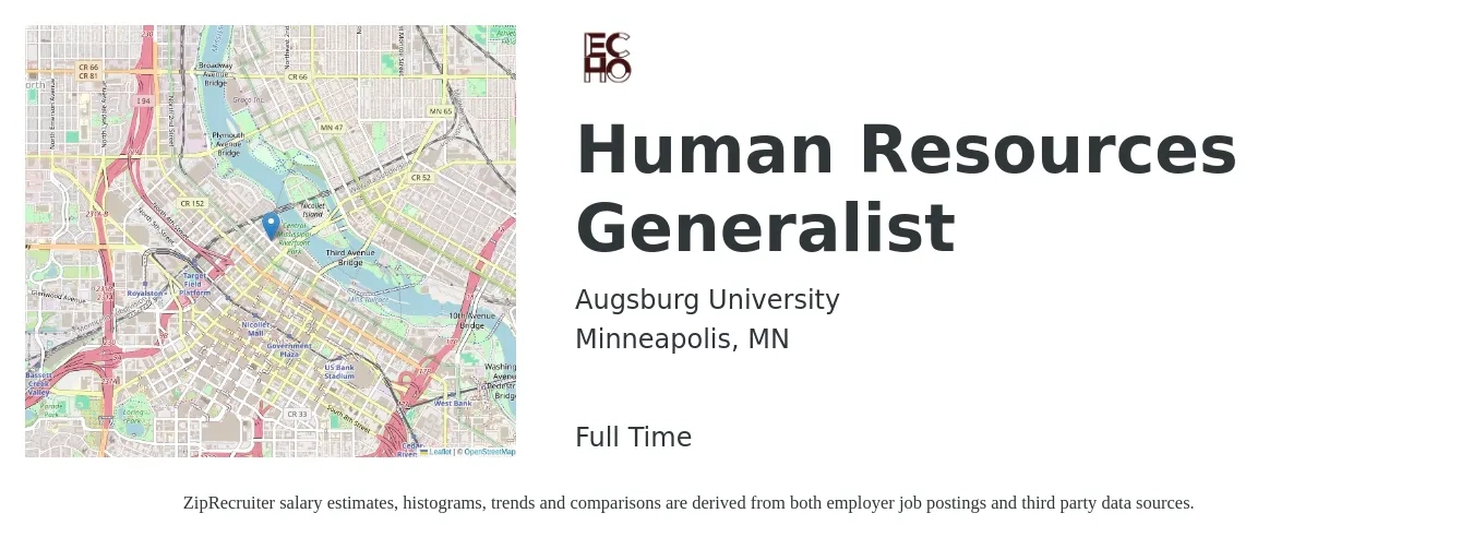 Augsburg University job posting for a Human Resources Generalist in Minneapolis, MN with a salary of $54,300 to $77,200 Yearly with a map of Minneapolis location.