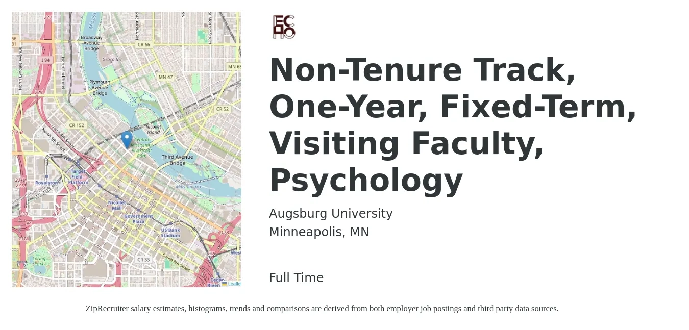 Augsburg University job posting for a Non-Tenure Track, One-Year, Fixed-Term, Visiting Faculty, Psychology in Minneapolis, MN with a salary of $62,600 to $78,300 Yearly with a map of Minneapolis location.