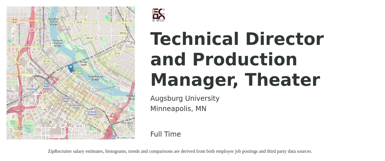 Augsburg University job posting for a Technical Director and Production Manager, Theater in Minneapolis, MN with a salary of $71,000 to $161,300 Yearly with a map of Minneapolis location.