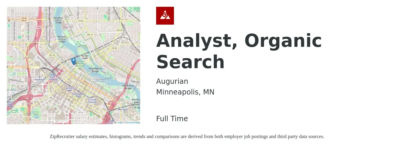 Augurian job posting for a Analyst, Organic Search in Minneapolis, MN with a salary of $52,300 to $74,800 Yearly with a map of Minneapolis location.