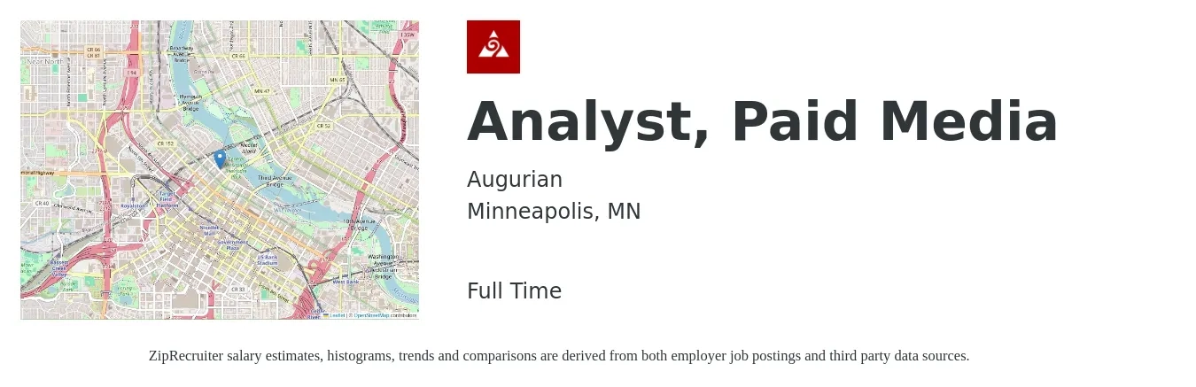 Augurian job posting for a Analyst, Paid Media in Minneapolis, MN with a salary of $63,800 to $86,800 Yearly with a map of Minneapolis location.
