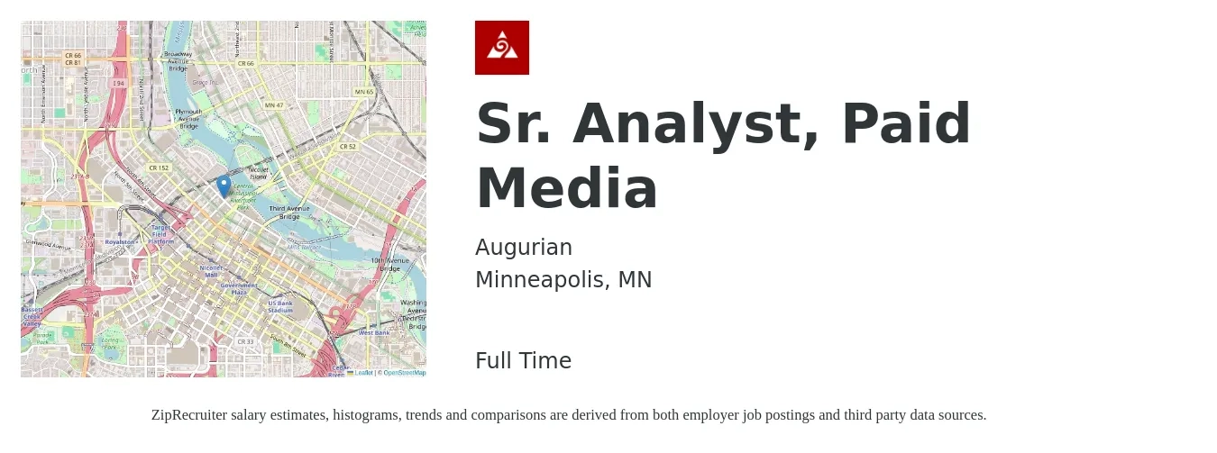Augurian job posting for a Sr. Analyst, Paid Media in Minneapolis, MN with a salary of $92,100 to $121,900 Yearly with a map of Minneapolis location.