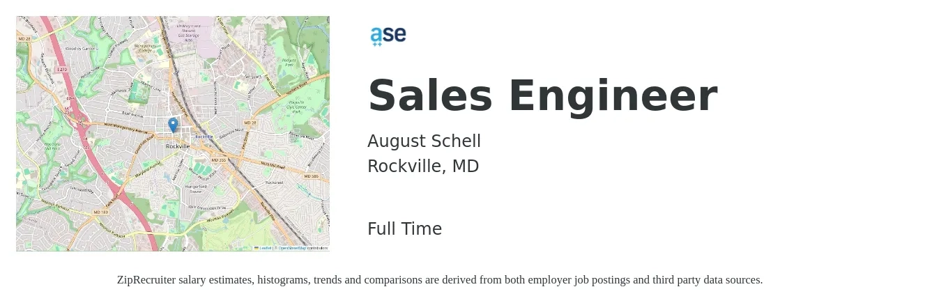 August Schell job posting for a Sales Engineer in Rockville, MD with a salary of $76,500 to $114,700 Yearly with a map of Rockville location.