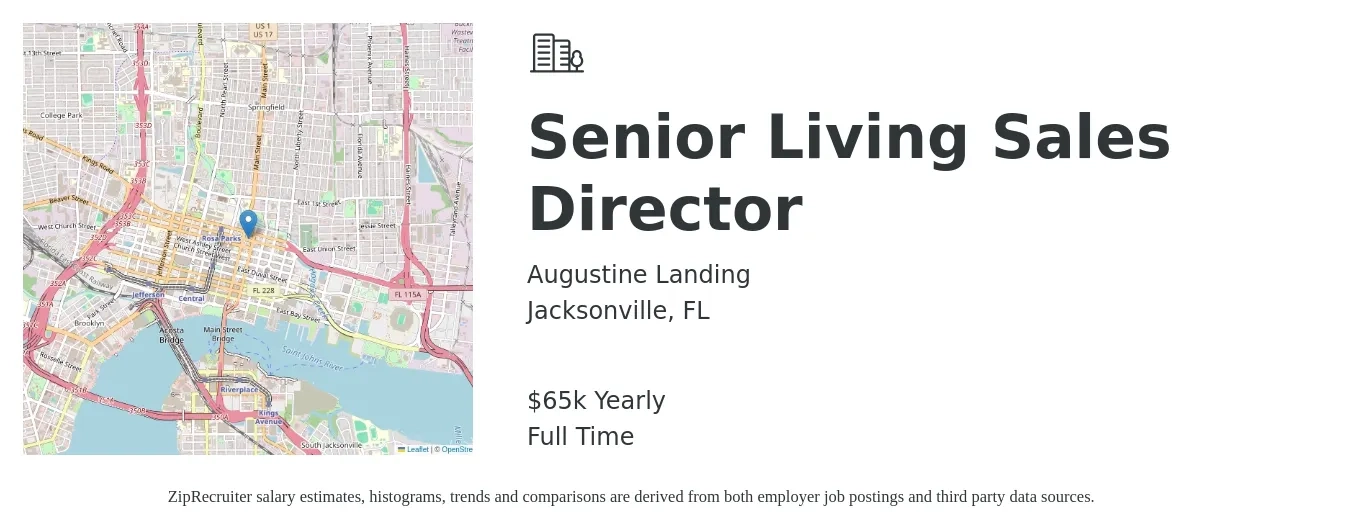 Augustine Landing job posting for a Senior Living Sales Director in Jacksonville, FL with a salary of $65,000 Yearly with a map of Jacksonville location.