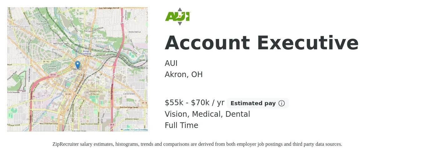 AUI job posting for a Account Executive in Akron, OH with a salary of $55,000 to $70,000 Yearly (plus commission) and benefits including pto, retirement, vision, dental, life_insurance, and medical with a map of Akron location.