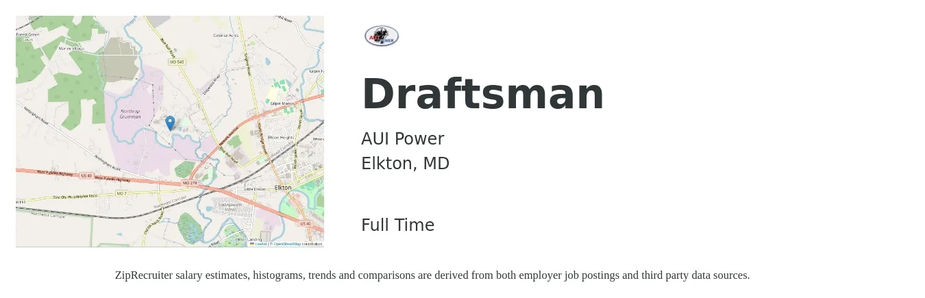 AUI Power job posting for a Draftsman in Elkton, MD with a salary of $21 to $31 Hourly with a map of Elkton location.