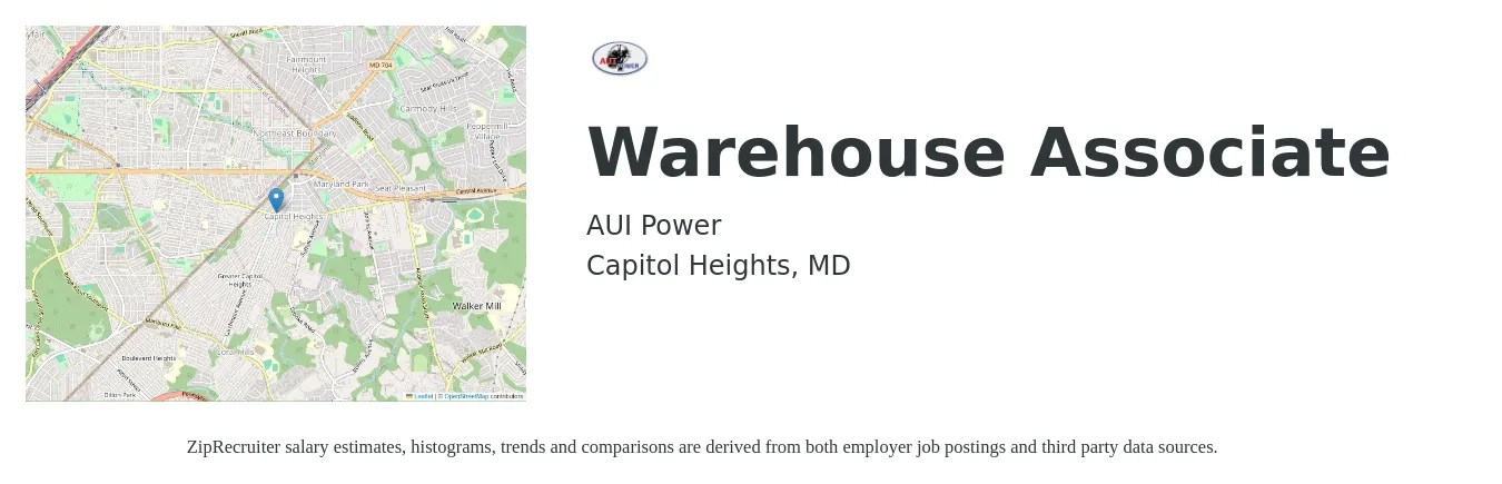AUI Power job posting for a Warehouse Associate in Capitol Heights, MD with a salary of $16 to $19 Hourly with a map of Capitol Heights location.