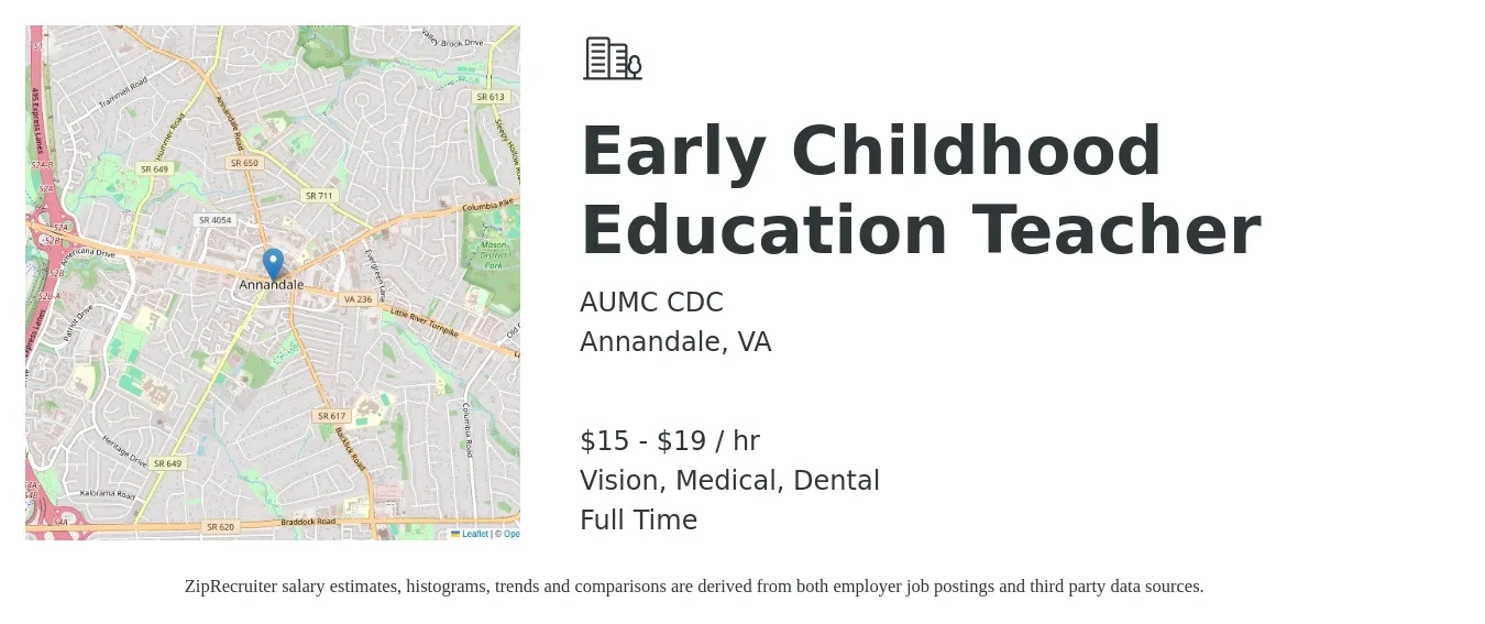 AUMC CDC job posting for a Early Childhood Education Teacher in Annandale, VA with a salary of $16 to $21 Hourly and benefits including vision, dental, and medical with a map of Annandale location.