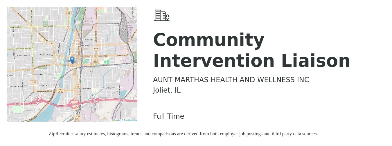 AUNT MARTHAS HEALTH AND WELLNESS INC job posting for a Community Intervention Liaison in Joliet, IL with a salary of $19 to $30 Hourly with a map of Joliet location.