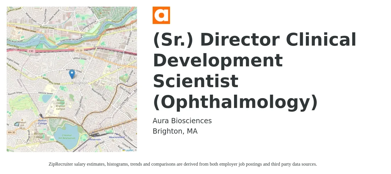 Aura Biosciences job posting for a (Sr.) Director Clinical Development Scientist (Ophthalmology) in Brighton, MA with a salary of $46 to $78 Hourly with a map of Brighton location.