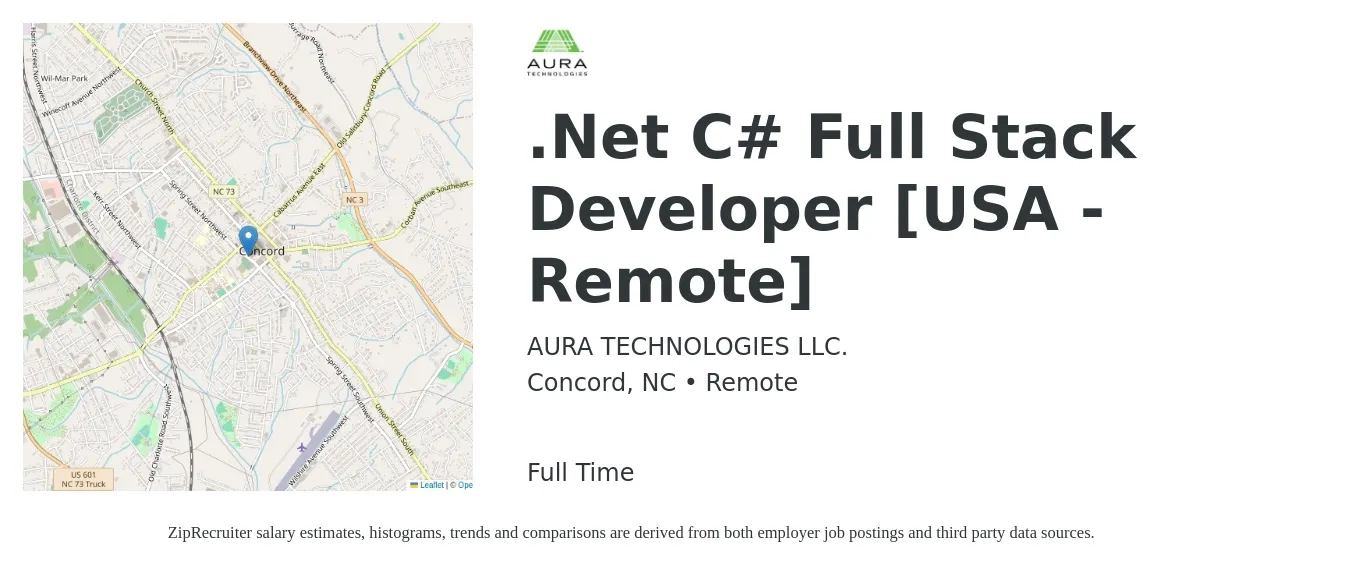 AURA TECHNOLOGIES LLC. job posting for a .Net C# Full Stack Developer [USA - Remote] in Concord, NC with a salary of $48 to $66 Hourly with a map of Concord location.
