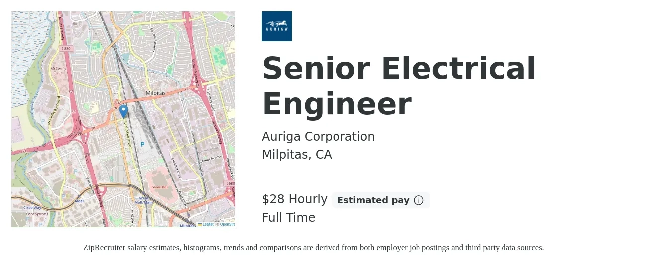 Auriga Corporation job posting for a Senior Electrical Engineer in Milpitas, CA with a salary of $30 Hourly with a map of Milpitas location.