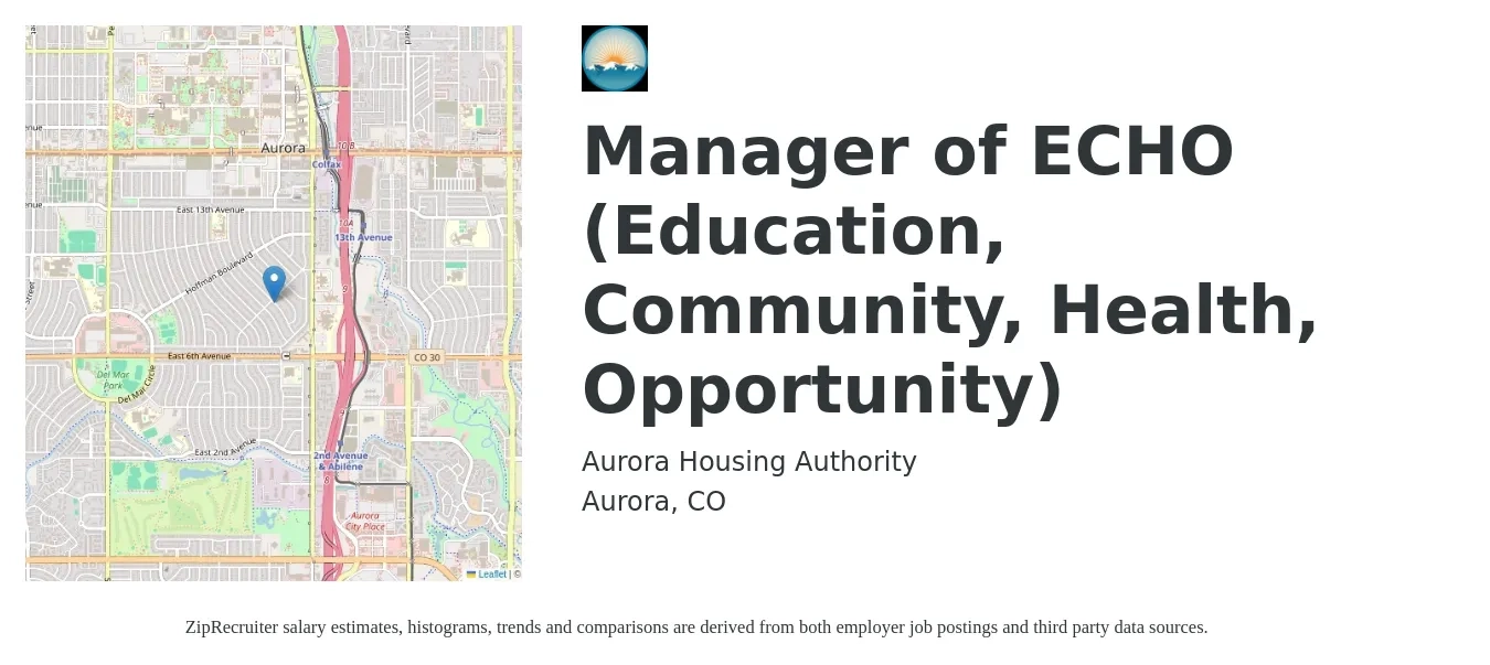 Aurora Housing Authority job posting for a Manager of ECHO (Education, Community, Health, Opportunity) in Aurora, CO with a salary of $47,900 to $87,600 Yearly with a map of Aurora location.