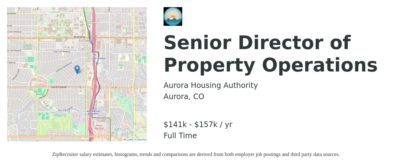Aurora Housing Authority job posting for a Senior Director of Property Operations in Aurora, CO with a salary of $141,000 to $157,000 Yearly with a map of Aurora location.