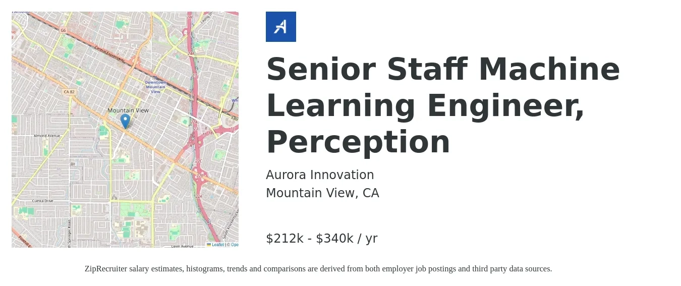 Aurora Innovation job posting for a Senior Staff Machine Learning Engineer, Perception in Mountain View, CA with a salary of $212,000 to $340,000 Yearly with a map of Mountain View location.