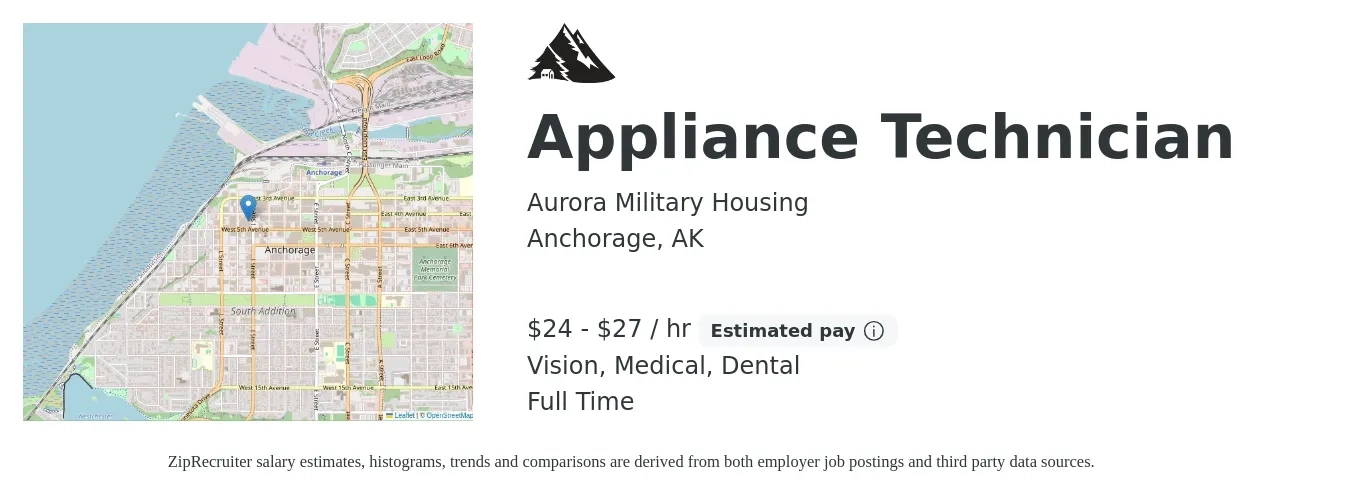 Aurora Military Housing job posting for a Appliance Technician in Anchorage, AK with a salary of $26 to $28 Hourly and benefits including retirement, vision, dental, life_insurance, and medical with a map of Anchorage location.