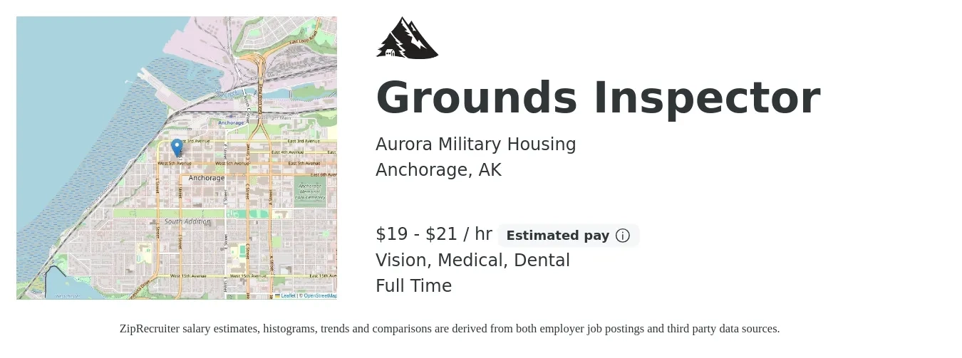 Aurora Military Housing job posting for a Grounds Inspector in Anchorage, AK with a salary of $20 to $22 Hourly and benefits including pto, retirement, vision, dental, life_insurance, and medical with a map of Anchorage location.