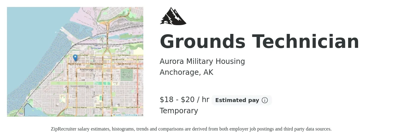 Aurora Military Housing job posting for a Grounds Technician in Anchorage, AK with a salary of $19 to $22 Hourly with a map of Anchorage location.