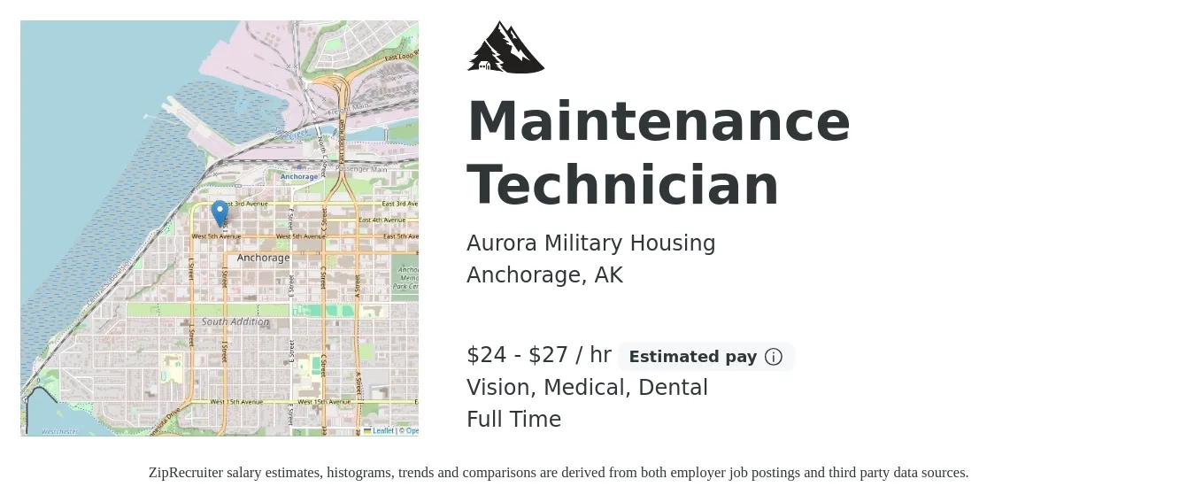 Aurora Military Housing job posting for a Maintenance Technician in Anchorage, AK with a salary of $26 to $28 Hourly with a map of Anchorage location.