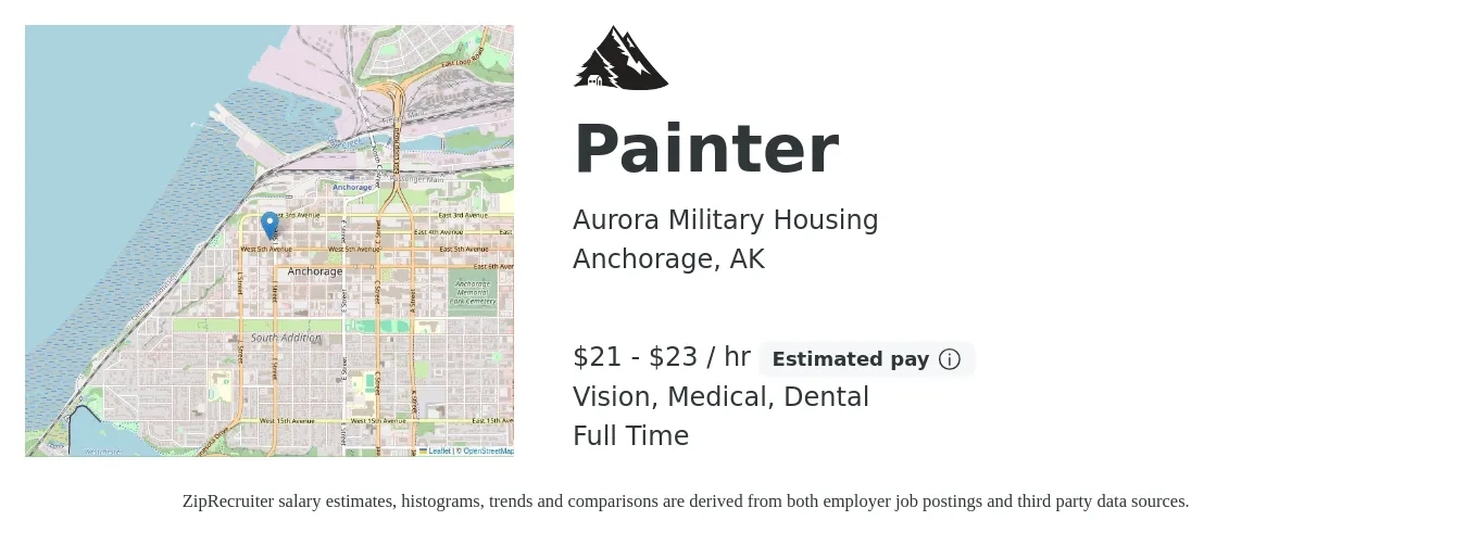 Aurora Military Housing job posting for a Painter in Anchorage, AK with a salary of $22 to $24 Hourly and benefits including vision, dental, life_insurance, medical, pto, and retirement with a map of Anchorage location.