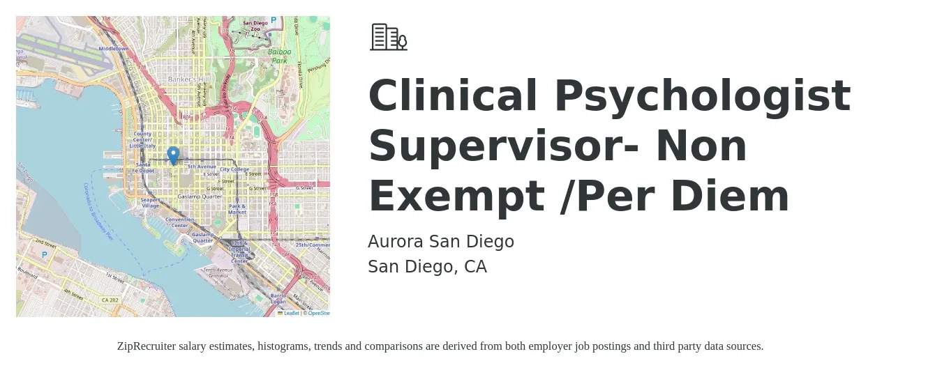 Aurora San Diego job posting for a Clinical Psychologist Supervisor- Non Exempt /Per Diem in San Diego, CA with a salary of $65 to $70 Hourly with a map of San Diego location.