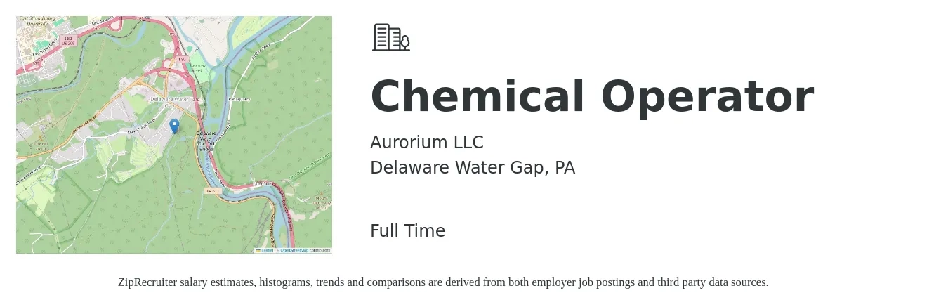 Aurorium LLC job posting for a Chemical Operator in Delaware Water Gap, PA with a salary of $20 to $22 Hourly with a map of Delaware Water Gap location.