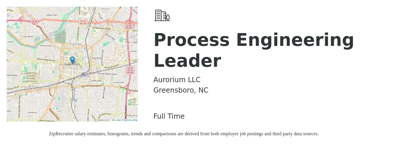 Aurorium LLC job posting for a Process Engineering Leader in Greensboro, NC with a salary of $72,800 to $100,700 Yearly with a map of Greensboro location.