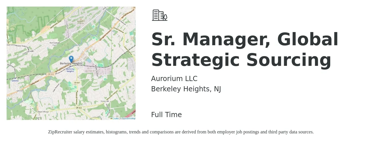 Aurorium LLC job posting for a Sr. Manager, Global Strategic Sourcing in Berkeley Heights, NJ with a salary of $134,600 to $174,300 Yearly with a map of Berkeley Heights location.