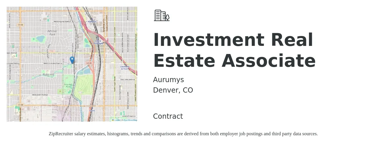 Aurumys job posting for a Investment Real Estate Associate in Denver, CO with a salary of $58,200 to $115,800 Yearly with a map of Denver location.