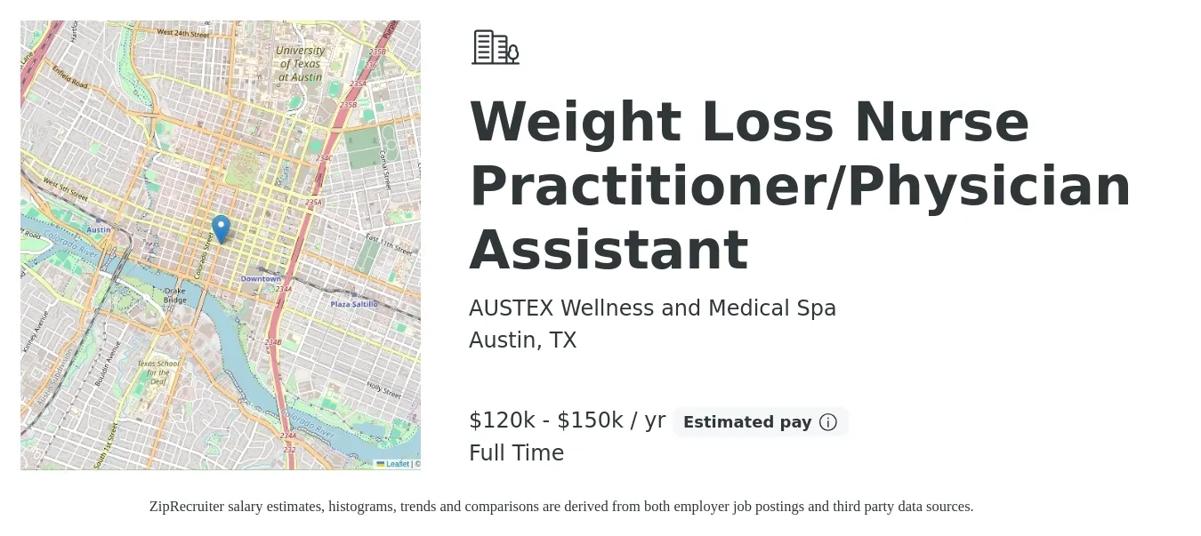 AUSTEX Wellness and Medical Spa job posting for a Weight Loss Nurse Practitioner/Physician Assistant in Austin, TX with a salary of $120,000 to $150,000 Yearly with a map of Austin location.