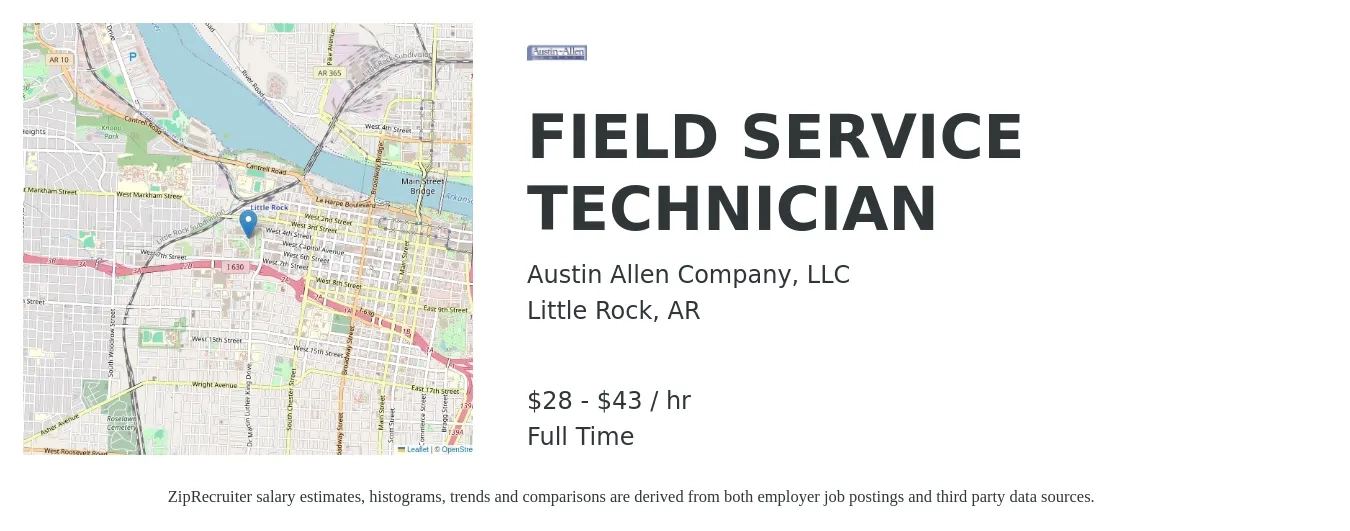 Austin Allen Company, LLC job posting for a FIELD SERVICE TECHNICIAN in Little Rock, AR with a salary of $30 to $45 Hourly with a map of Little Rock location.