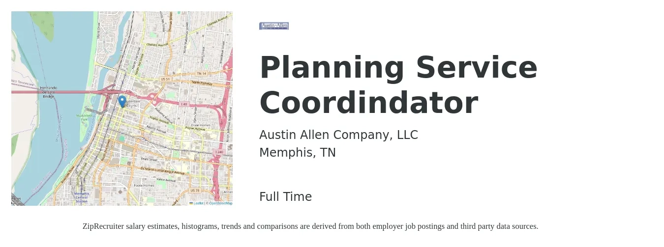 Austin Allen Company, LLC job posting for a Planning Service Coordindator in Memphis, TN with a salary of $46,100 to $80,600 Yearly with a map of Memphis location.
