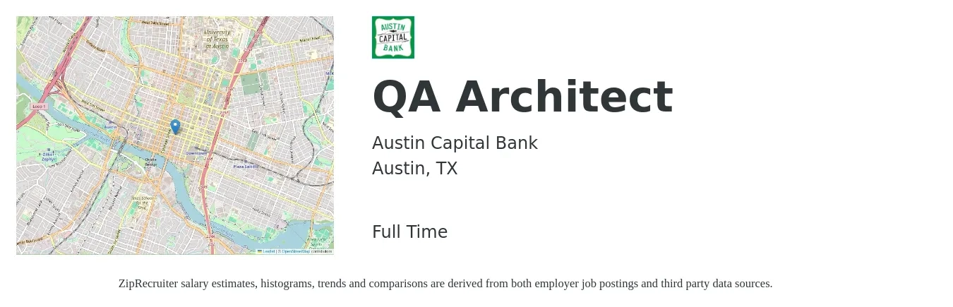 Austin Capital Bank job posting for a QA Architect in Austin, TX with a salary of $60 to $118 Hourly with a map of Austin location.