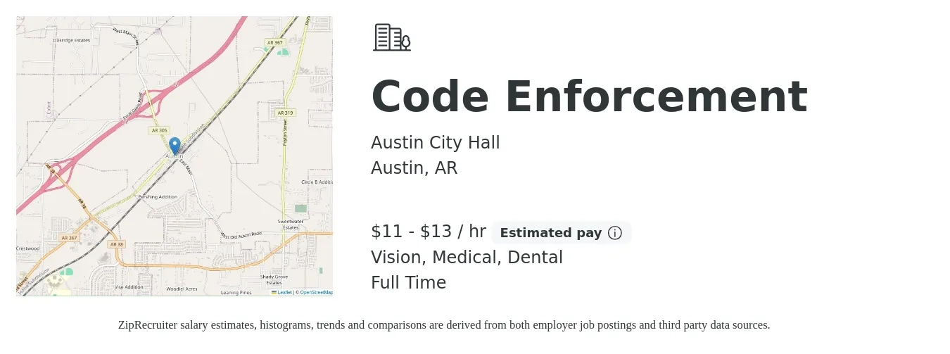 Austin City Hall job posting for a Code Enforcement in Austin, AR with a salary of $12 to $14 Hourly and benefits including retirement, vision, dental, medical, and pto with a map of Austin location.