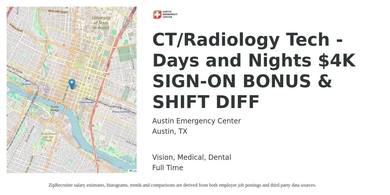 Austin Emergency Center job posting for a CT/Radiology Tech - Days and Nights $4K SIGN-ON BONUS & SHIFT DIFF in Austin, TX with a salary of $35 to $52 Hourly and benefits including retirement, vision, dental, life_insurance, medical, and pto with a map of Austin location.